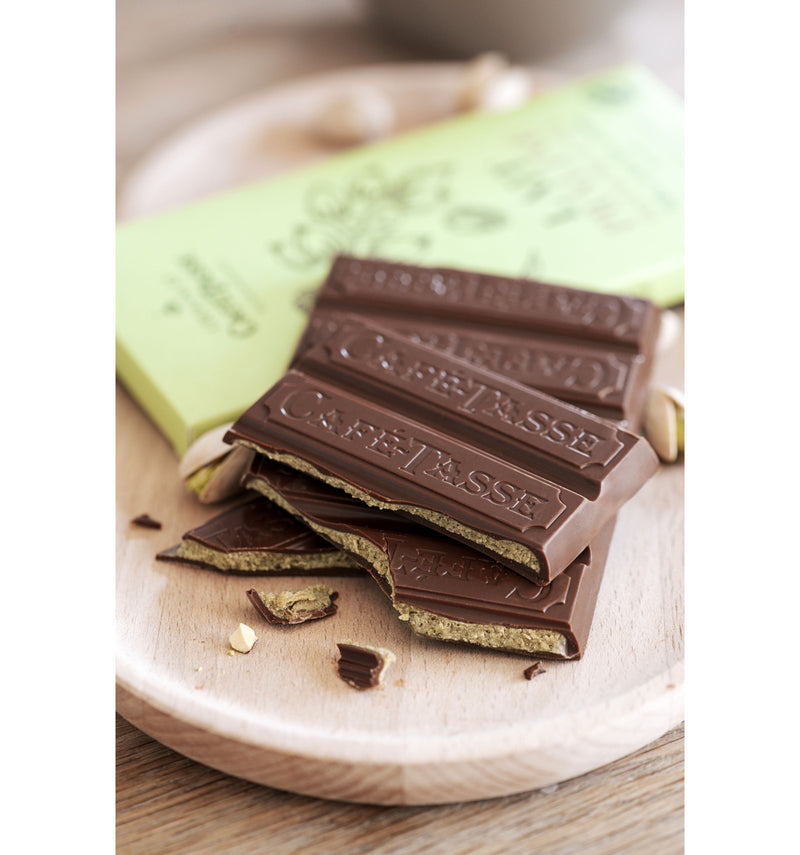 Milk Chocolate Bar with Pistachio Praline & Salt | Cafe Tasse
