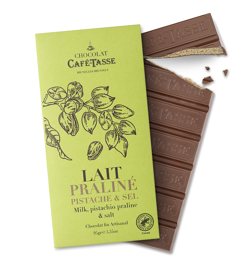 Milk Chocolate Bar with Pistachio Praline & Salt | Cafe Tasse