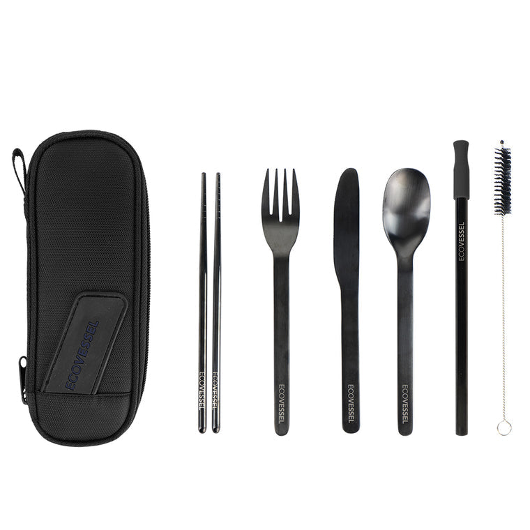 WANDERWARE 6-Piece Black Reusable Stainless Steel Utensil Set with Travel Pouch | EcoVessel