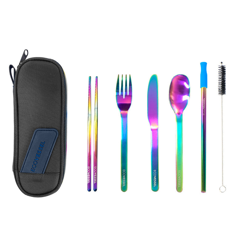 WANDERWARE 6-Piece Rainbow Reusable Stainless Steel Utensil Set with Travel Pouch | Ecovessel